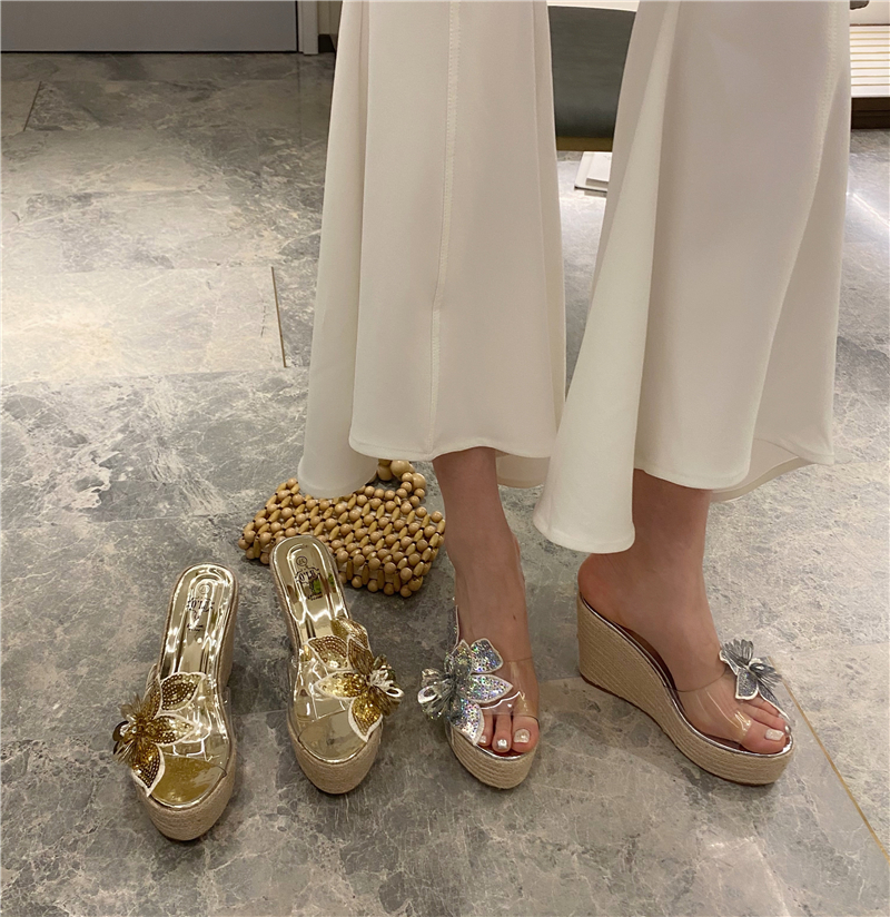 2024 Summer Korean Style Sequin Flower Transparent Wedge Woven High Heel Sandals - Style bb87d4 - Image 3