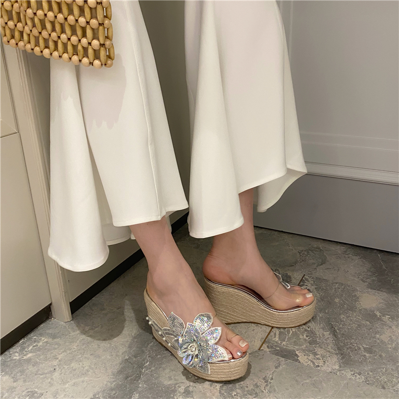 2024 Summer Korean Style Sequin Flower Transparent Wedge Woven High Heel Sandals - Style bb87d4 - Image 4