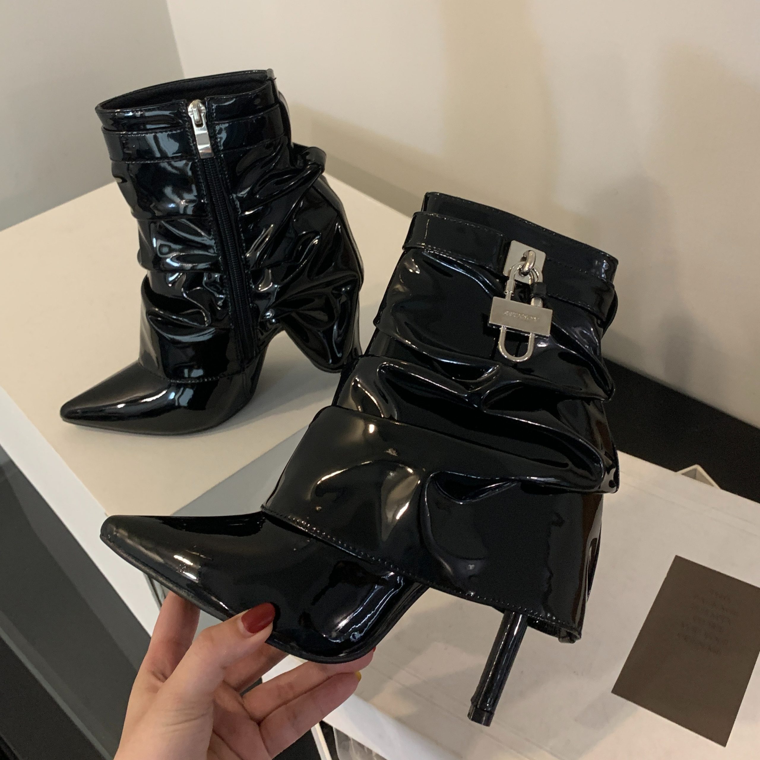 2024 New Trendy Wrinkled Boots Pointed Toe High Heel Metal Buckle Versatile Patent Leather Suede Fashion Boots - Image 5