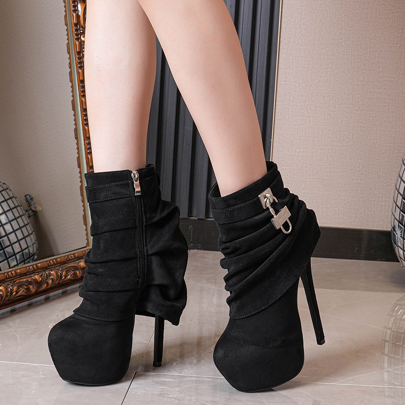 2024 New European American Style Round Toe Waterproof Platform High Heel Boots Fashion Wrinkled Metal Buckle Women Shoes - Image 3