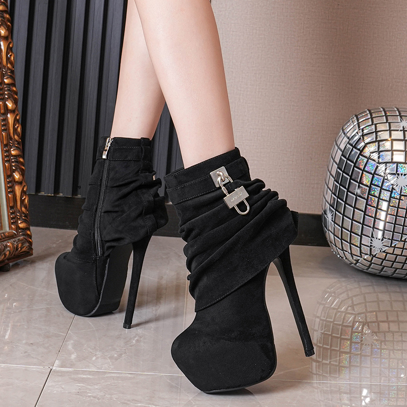 2024 New European American Style Round Toe Waterproof Platform High Heel Boots Fashion Wrinkled Metal Buckle Women Shoes - Image 2