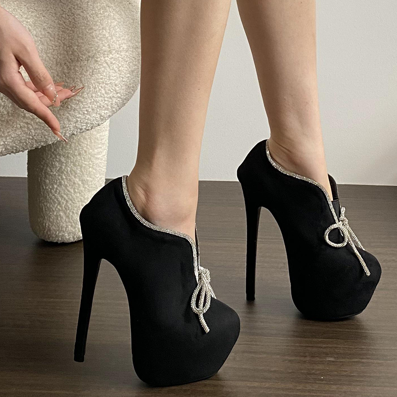 Rhinestone Bow 2024 New 16CM Platform V-Shaped Women's Ankle Boots Stage Shoes Fashion Party High Heel