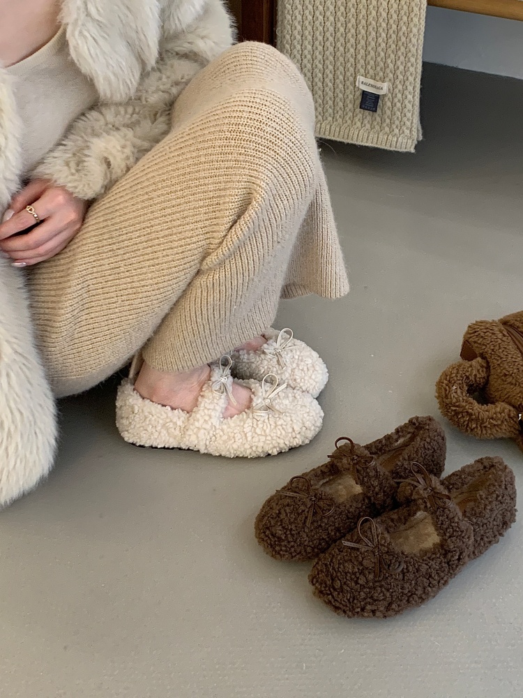 2025 Winter Sweet White Round Toe Fur Lined Women's Cotton Shoes with Bow
