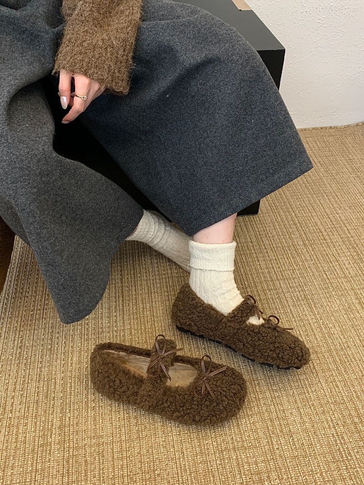 2025 Winter Sweet White Round Toe Fur Lined Women's Cotton Shoes with Bow - Image 3