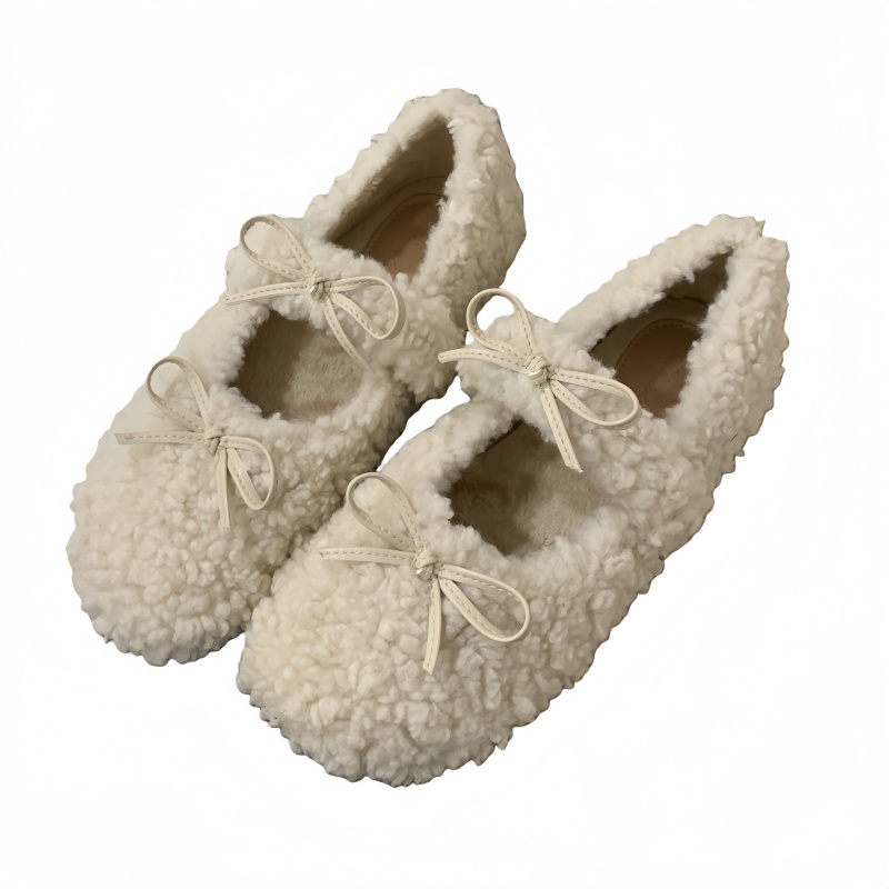 2025 Winter Sweet White Round Toe Fur Lined Women's Cotton Shoes with Bow - Image 5