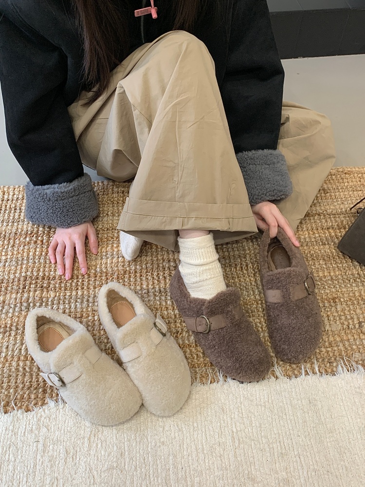 Vintage Buckle Sheepskin Lined Cotton Shoes for Women - Warm Slip-On Flat Shoes