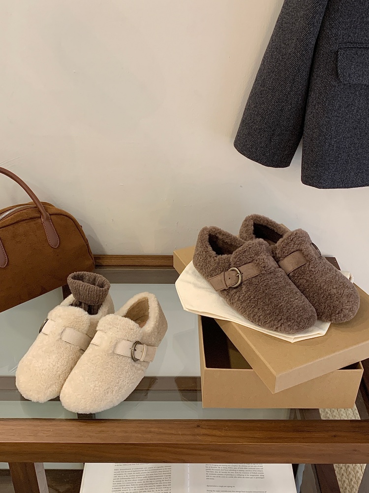 Vintage Buckle Sheepskin Lined Cotton Shoes for Women - Warm Slip-On Flat Shoes - Image 4