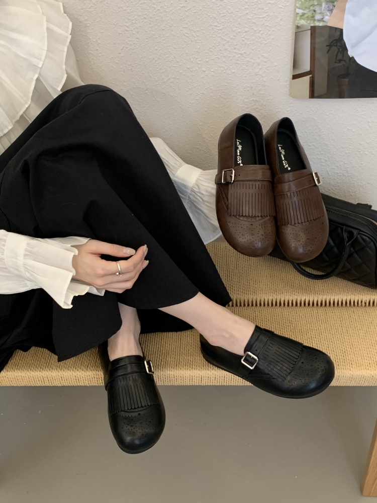 2026 New Fashion Retro Fringe Buckle Carved Korean Round Toe Flat Loafer Women's Casual Shoes - Style d09878