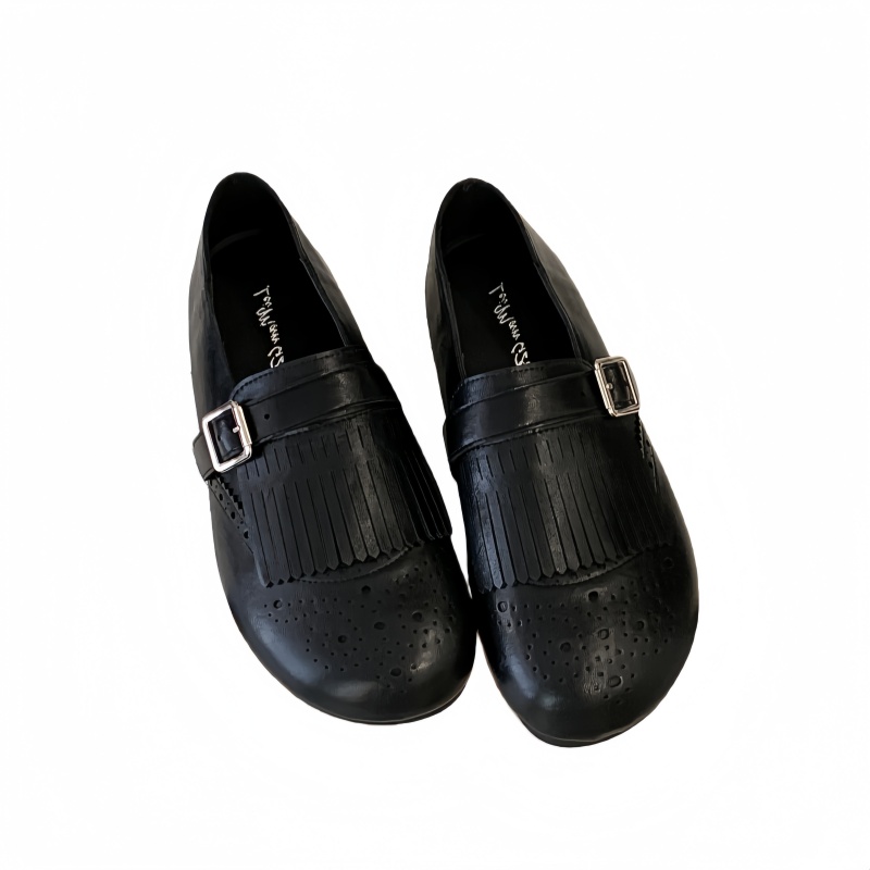 2026 New Fashion Retro Fringe Buckle Carved Korean Round Toe Flat Loafer Women's Casual Shoes - Style d09878 - Image 5