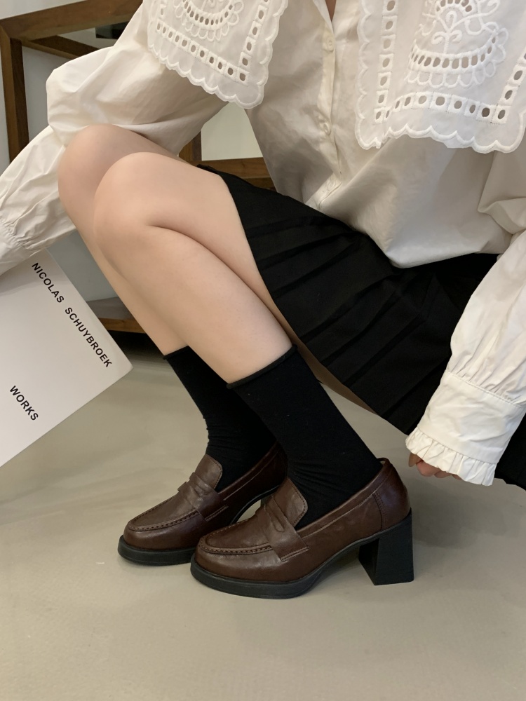 7cm Chunky Heel Loafer Shoes for Women - Slip-On Horse Leather Retro Low Top Shoes - Image 3