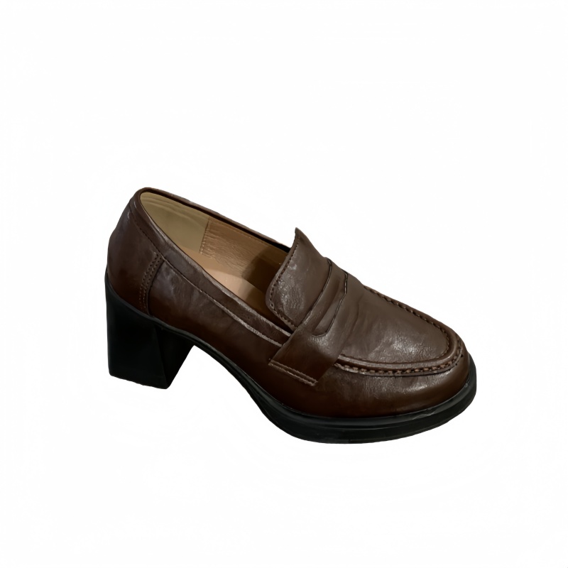 7cm Chunky Heel Loafer Shoes for Women - Slip-On Horse Leather Retro Low Top Shoes - Image 5