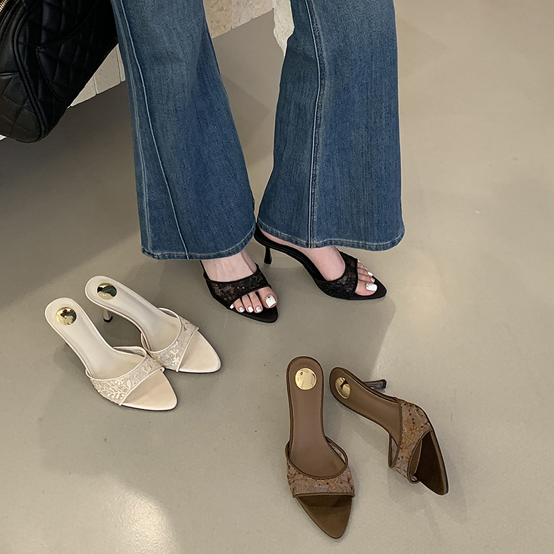 2026 Summer New Elegant Mesh Open Toe Sandals Fashion Simple High Heel Slippers French Style Thin Heel Women Shoes